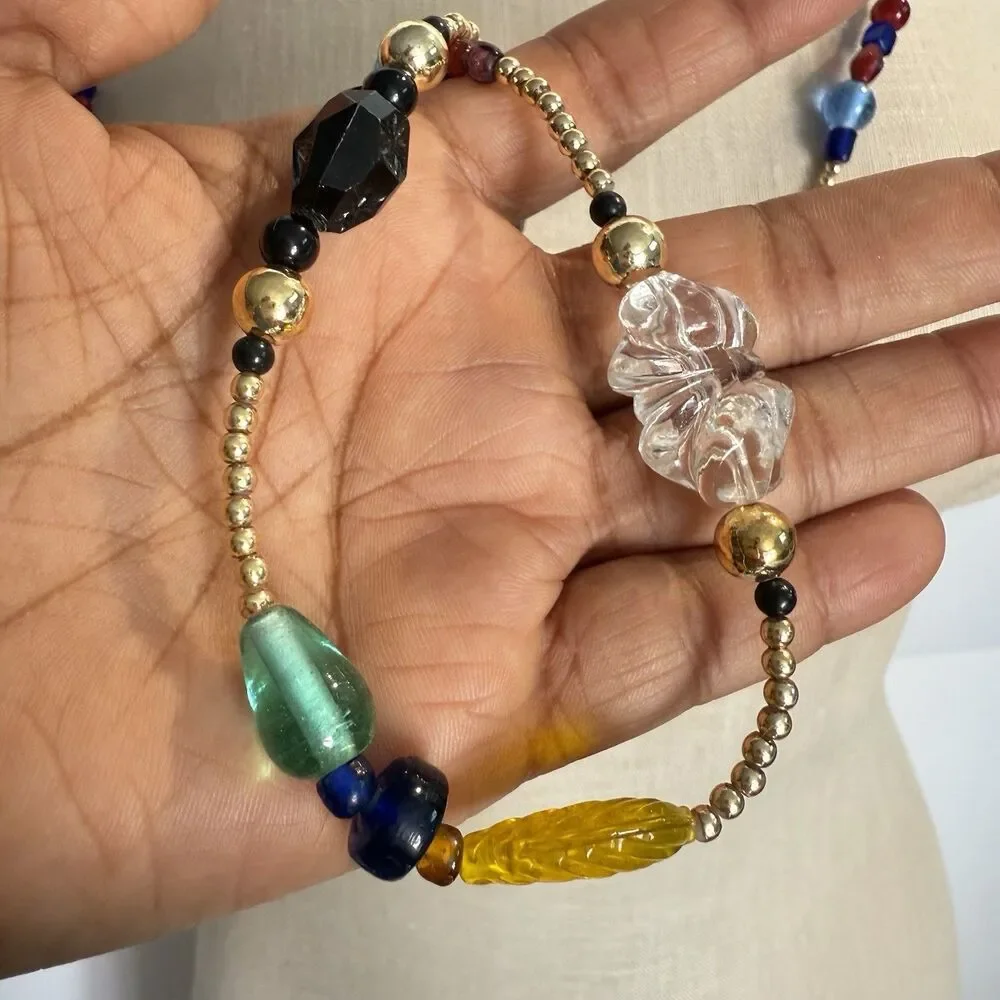 Vintage Multicolor Glass Bead Necklace Boho Long Gold Tone Eclectic Jewelry 21”